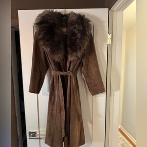 Brown Leather and Suede Jacket with fur trim silk lined